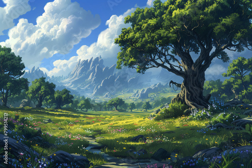 Beautiful fantasy landscape with a big tree in the meadow. Sci-fi planet landscape concept art. Fantasy space world. Mysterious and magical planet.