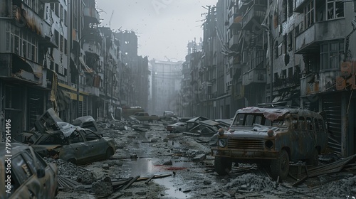 A post-apocalyptic ruined city. Destroyed buildings, burnt-out vehicles and ruined roads. 3D rendering photo