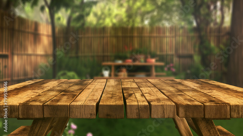 Close-up of a wooden table with a soft-focus view of a green garden and picnic setup.