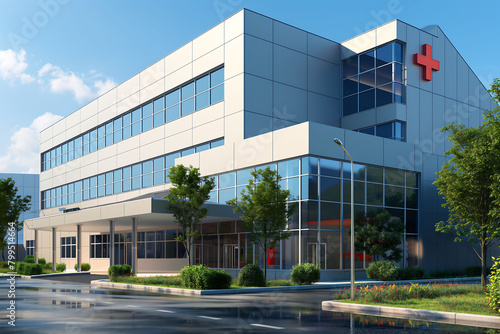 Modern hospital exterior. Beautiful view of the hospital building and flower bed