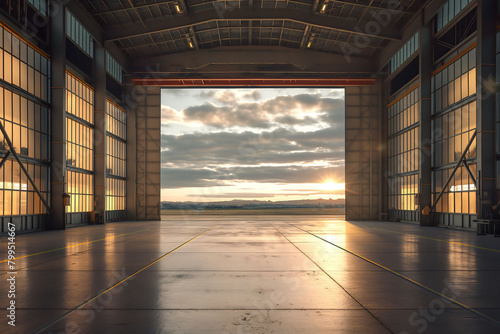 Large industrial hangar with open door against sunset background.