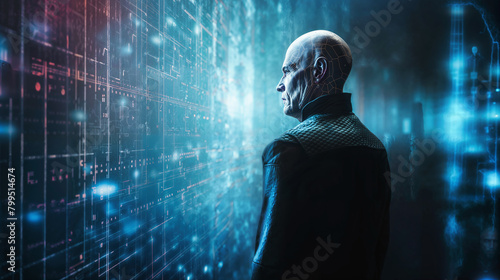 a bald man with a digital structure on his head stands in front of a digital wall © Christian Müller