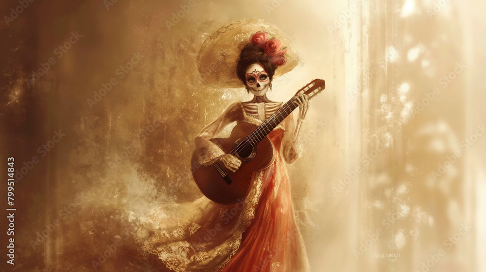 Artistic image of a figure in traditional attire playing a guitar, in warm tones.