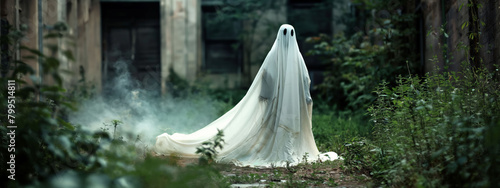 Mysterious ghost figure in a flowing white sheet stands in an eerie forest clearing.