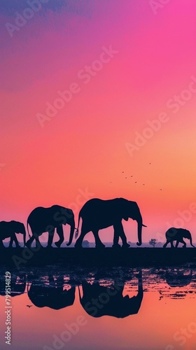 Elephant Family, A silhouette of a family of elephants walking in a line