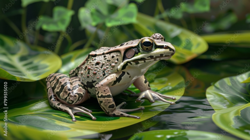 A close-up, highly detailed image of a spotted frog sitting comfortably among lush green foliage, capturing the intricacies of its skin texture A close-up, highly detailed image of a spotted frog sitting comfortably among lush green foliage, capturing the intricacies of its skin texture