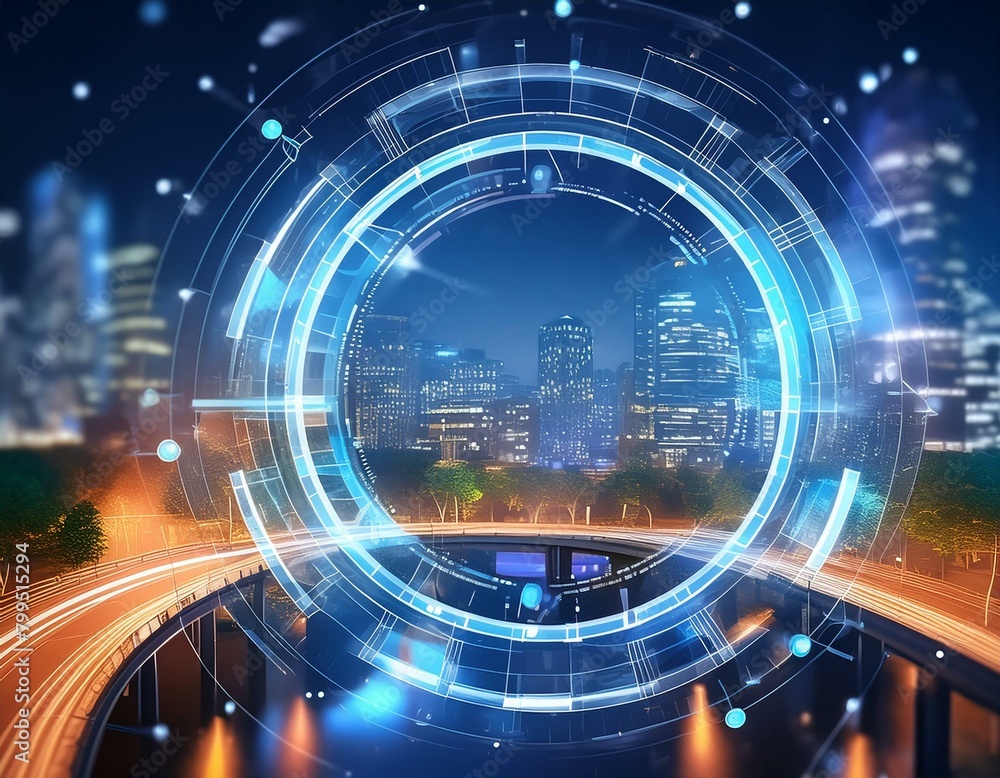 Fototapeta premium tech circle with blurred city lights at night, futuristic cityscape with abstract tech integration, smart city concept