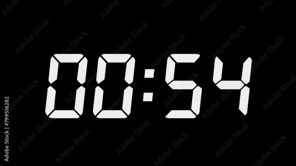 59-second digital timer countdown on a black background, Digital countdown timer one-minute animation from 59 to 0 seconds, animation