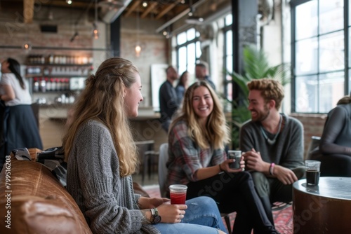 Group of young people sitting in a cafe  drinking coffee and talking