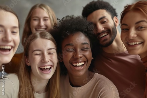Group of diverse young people laughing and looking at camera. Closeup portrait.