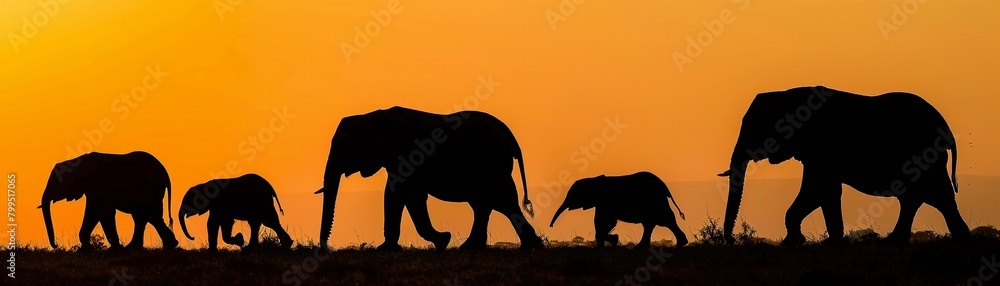 Fototapeta premium Elephant Family, A silhouette of a family of elephants walking in a line