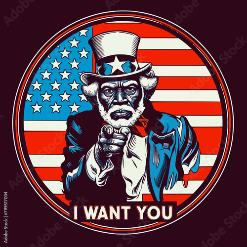 This is a stylized illustration of Uncle Sam in his classic top hat against the American flag, pointing directly at the viewer, with "I WANT YOU" boldly proclaimed.