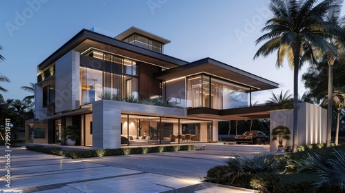 Modern architecture house exterior design luxury concept 3D render driveway © Khalif