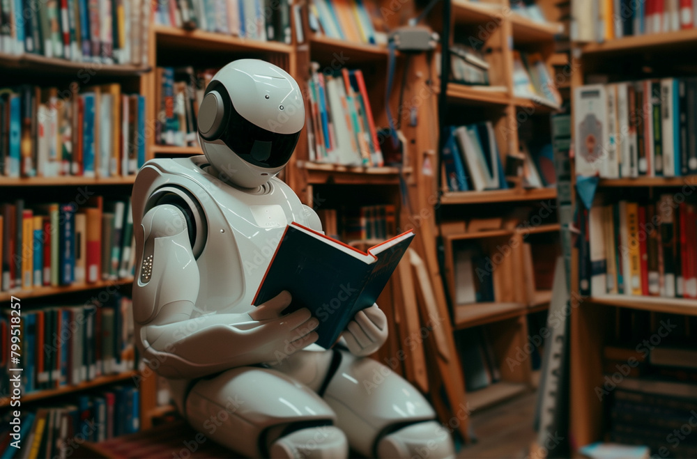 AI robot sitting and reading a book in a cozy library AI robot sitting and reading a book in a cozy library