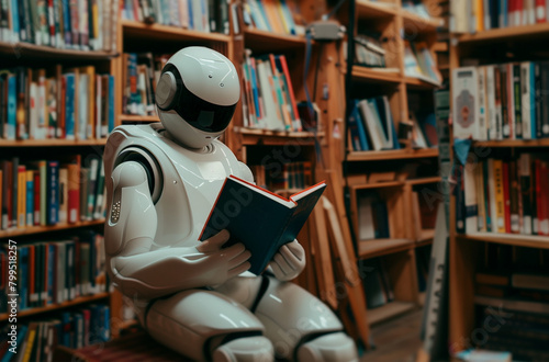 AI robot sitting and reading a book in a cozy library