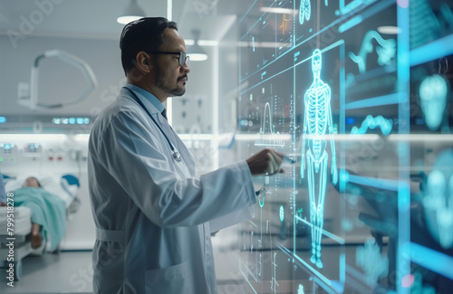 Healthcare meets technology in a concept image of a doctor using a holographic display to diagnose patients