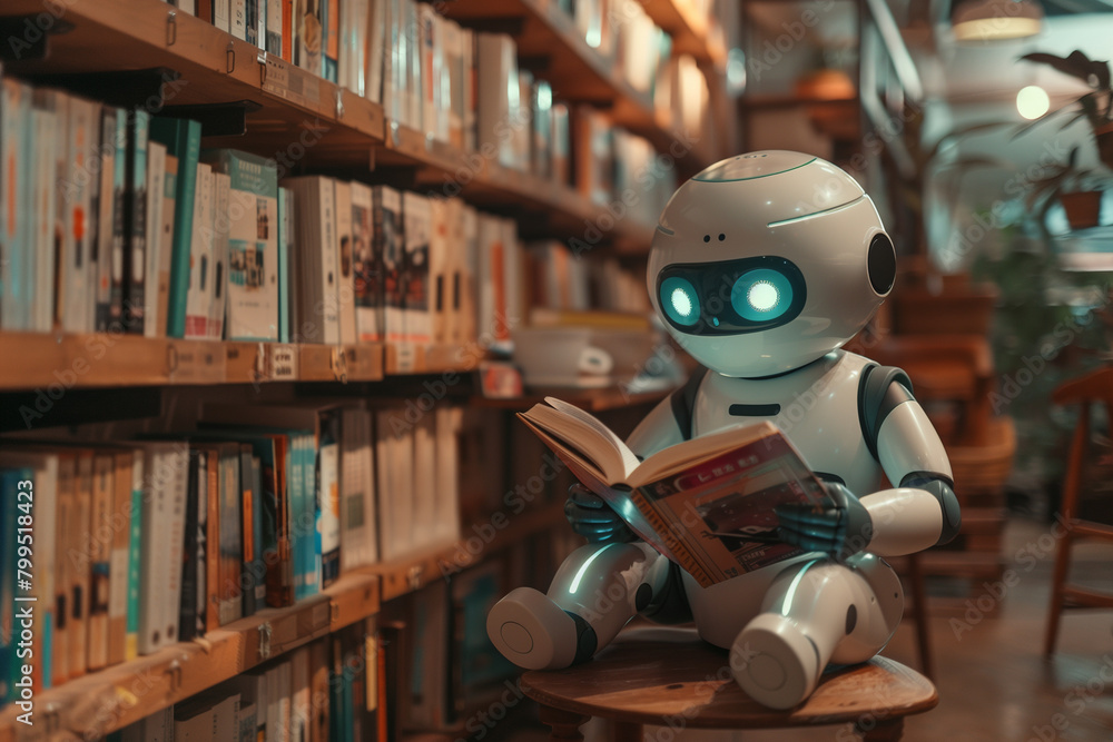 AI robot sitting and reading a book in a cozy library AI robot sitting and reading a book in a cozy library