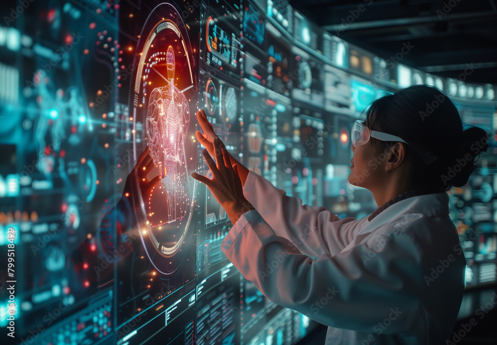 Healthcare meets technology in a concept image of a doctor using a holographic display to diagnose patients Healthcare meets technology in a concept image of a doctor using a holographic display to diagnose patients