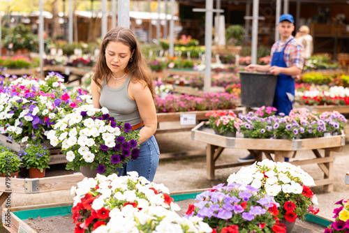 Girl customer hold ornamental flowerpot with composition of contrasting white and purple ampel petunias Surfinia. Ready-made solution for decorating house territory, flower pot with flower for hanging