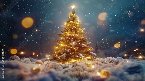 This is a photo of a Christmas tree with lights and ornaments. There is snow on the ground and in the background is a blurred out winter scene with lights.   © Awais