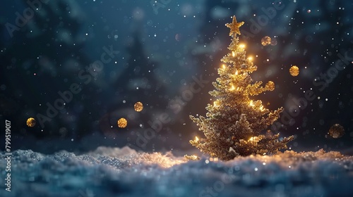 This is a photo of a Christmas tree with lights and ornaments. There is snow on the ground and in the background is a blurred out winter scene with lights.