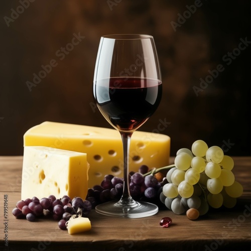 GLASS OF WINE, CHEESE AND GRAPE