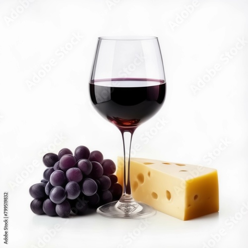 GLASS OF WINE, CHEESE AND GRAPE