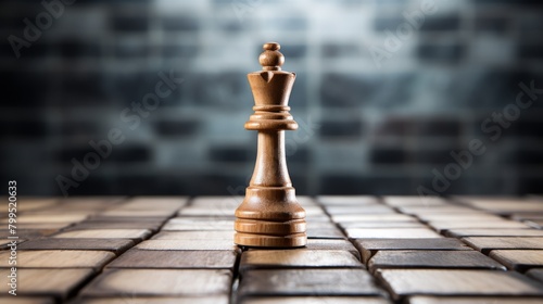 A chessboard made of wooden blocks, with a central king block directing smaller pieces, symbolizing strategic leadership in action, isolated bright background, space for text