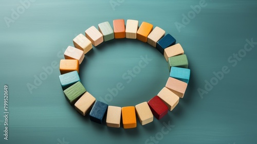 A circle of wooden blocks, each connected by a line to the center block, illustrating a leader's role at the ethical center of their team, bright and clear aesthetic, space for text