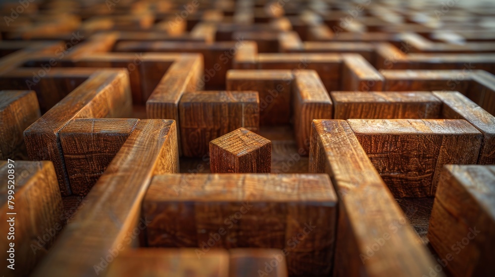 A wooden block maze with one block moving towards an exit, symbolizing a leader navigating through challenges, bright minimalist background, space for text A wooden block maze with one block moving towards an exit, symbolizing a leader navigating through challenges, bright minimalist background, space for text