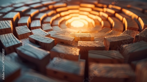 A spiral of wooden blocks leading to a central glowing block, illustrating a leader at the center of fostering growth and creativity, minimalist bright setting, space for text photo