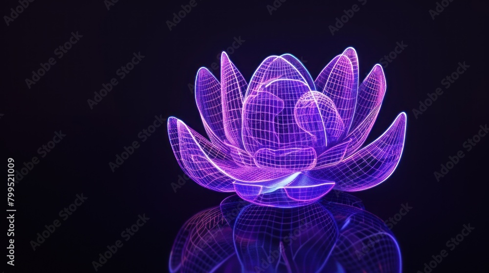 neon purple blue glowing outline wireframe symbol of lotus bloom ...