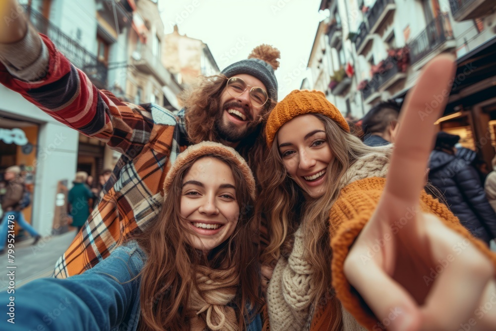 Group of friends taking selfie in the city. They are wearing warm clothes.