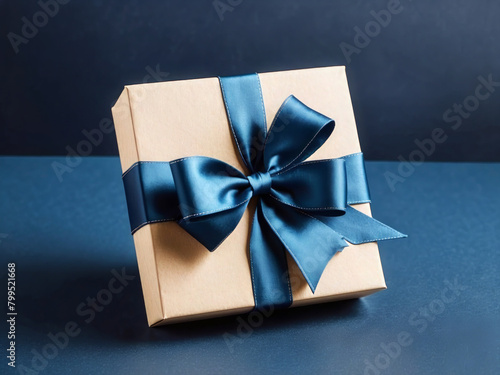 Small Luxury gift box with a blue bow on dark blue table. Side view monochrome . Fathers day or Valentines day, Corporate gift concept or birthday party. Festive sale design.