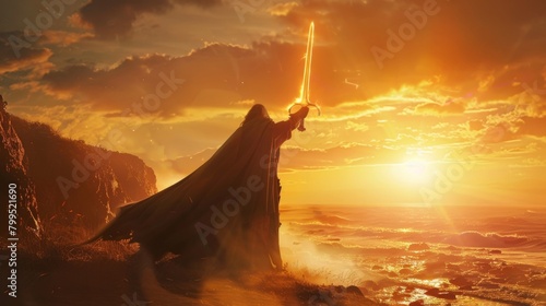 As the sun set over the horizon the wizard raised his glowing sword high in the air his cloak billowing behind him signaling his epic . . photo
