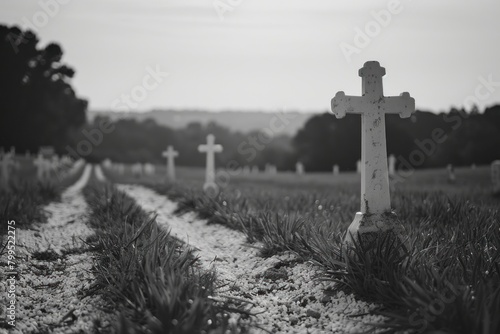 In the quiet cemetery, rows upon rows of white headstones stand as silent witnesses to the ultimate sacrifice. photo