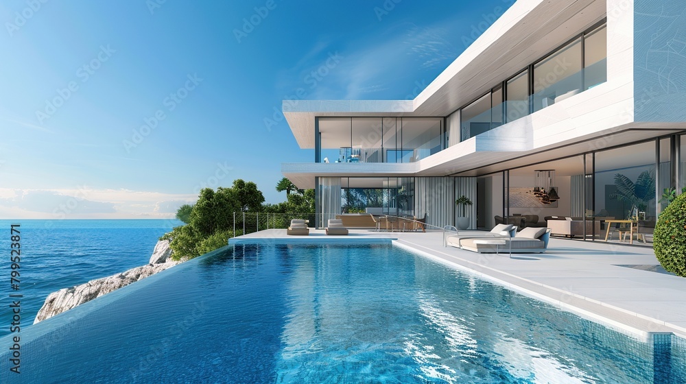 A modern house with a pool and a view of the ocean.

