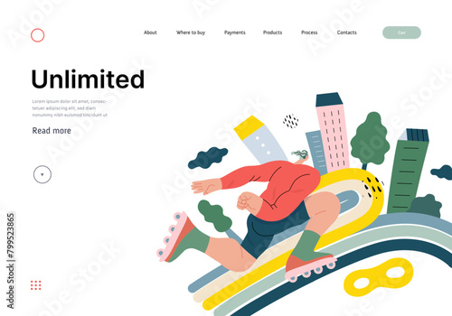 Life Unframed: Roller -modern flat vector concept illustration of a man rollerblading across rainbow. Metaphor of unpredictability, imagination, whimsy, cycle of existence, play, growth and discovery