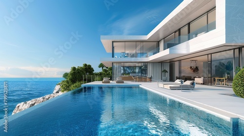 A modern house with a pool and a view of the ocean.   © Awais