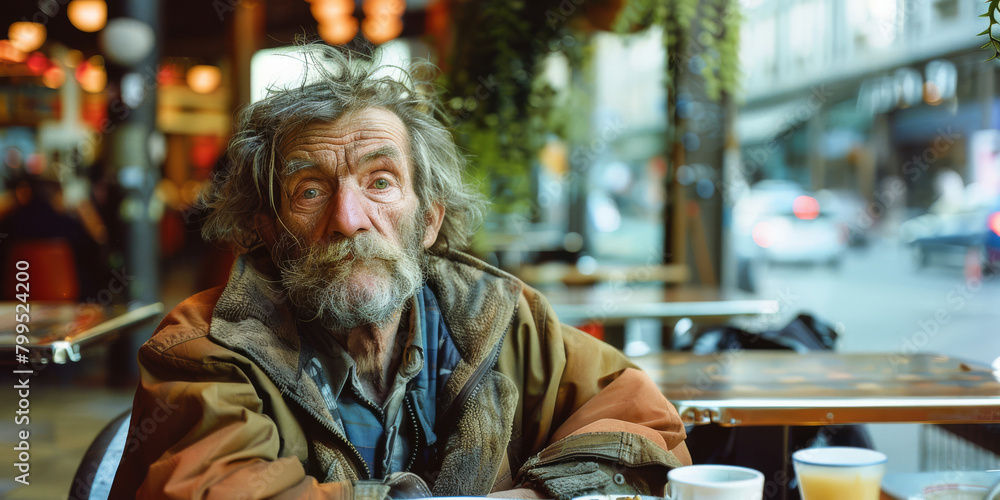 A homeless man in dirty clothes sits in an elite restaurant and orders food for himself.
