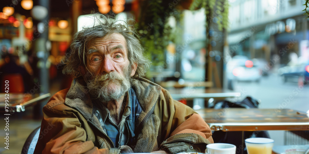 A homeless man in dirty clothes sits in an elite restaurant and orders food for himself. A homeless man in dirty clothes sits in an elite restaurant and orders food for himself.