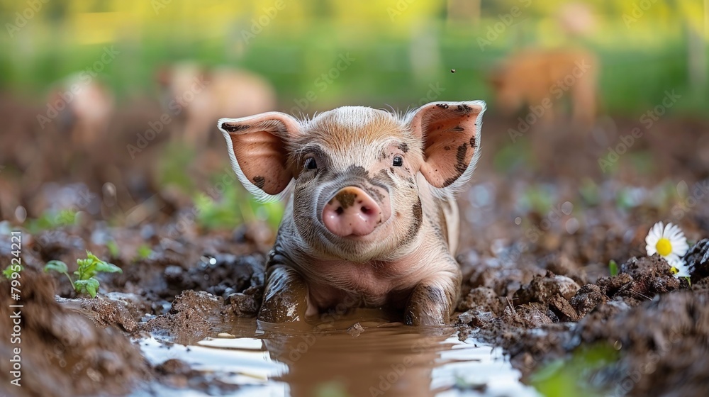 A pig happily rolling around in a muddy puddle, surrounded by lush green fields and farmyard animals. A pig happily rolling around in a muddy puddle, surrounded by lush green fields and farmyard animals.