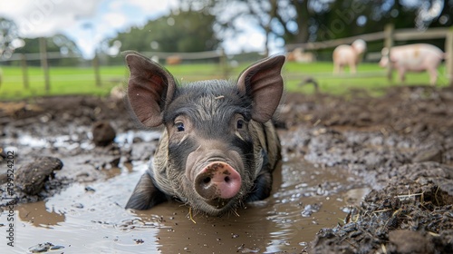 A pig happily rolling around in a muddy puddle  surrounded by lush green fields and farmyard animals.