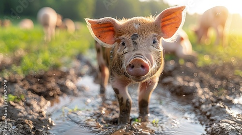 A pig happily rolling around in a muddy puddle, surrounded by lush green fields and farmyard animals.