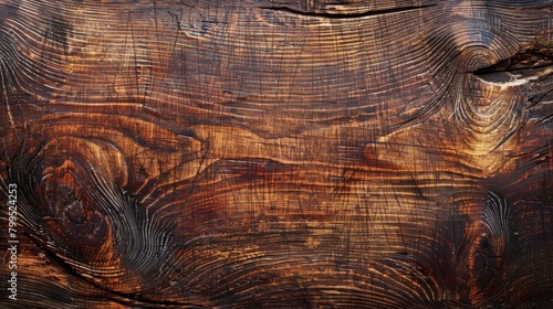 Dark brown scratched wooden cutting board with a wood texture photo