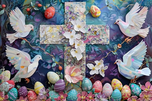 Easter art with crosses, doves. Happy easter. Easter concept