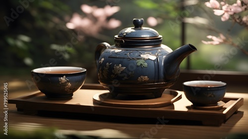 A teapot and two cups sit on a tray
