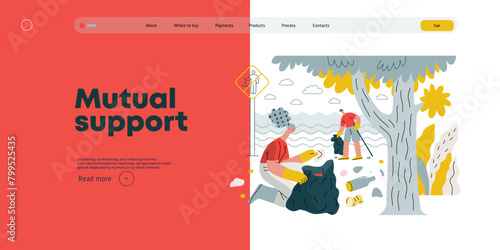 Mutual Support: Cleaning up trash, Garbage collection -modern flat vector concept illustration of people collecting trash on the beach A metaphor of voluntary, collaborative exchanges of resource