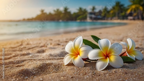 A beautiful bouquet of flowers is placed on the sand at the beach © ekalaila