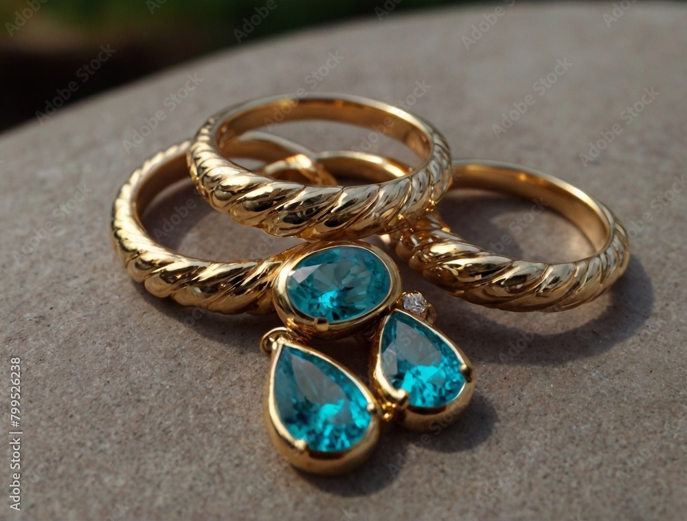 gold ring with blue turquoise and gold earrings on a stone background gold ring with blue turquoise and gold earrings on a stone background